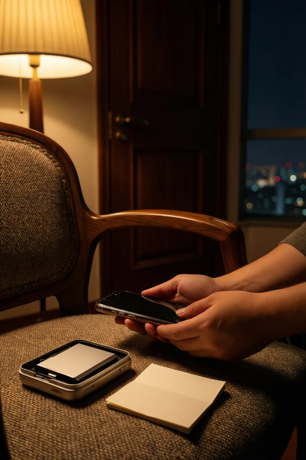 A private recording object in a dim high-floor room.